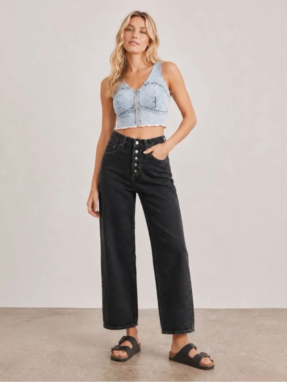 Levi's Mile High Cropped Wide Leg Jeans Faded Black Button Fly Size 25